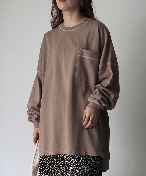 Riberry（リベリー）の「配色ステッチBIGロンT（Tシャツ/カットソー・レディース・オフホワイト/スミクロ/モカ/グリーン/ブルー/ピンク・FREE）」の17枚目の写真