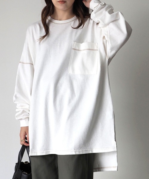 Riberry（リベリー）の「配色ステッチBIGロンT（Tシャツ/カットソー・レディース・オフホワイト/スミクロ/モカ/グリーン/ブルー/ピンク・FREE）」の21枚目の写真