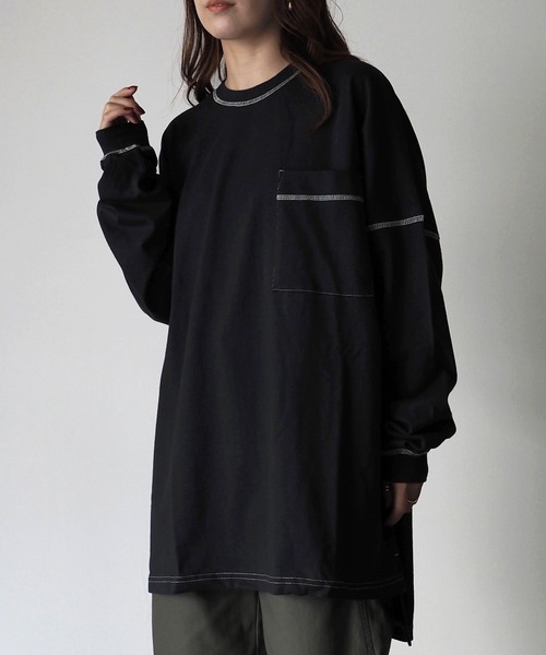 Riberry（リベリー）の「配色ステッチBIGロンT（Tシャツ/カットソー・レディース・オフホワイト/スミクロ/モカ/グリーン/ブルー/ピンク・FREE）」の19枚目の写真