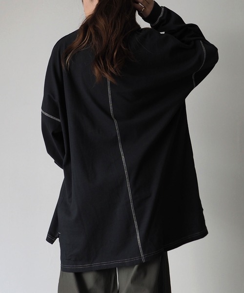 Riberry（リベリー）の「配色ステッチBIGロンT（Tシャツ/カットソー・レディース・オフホワイト/スミクロ/モカ/グリーン/ブルー/ピンク・FREE）」の18枚目の写真