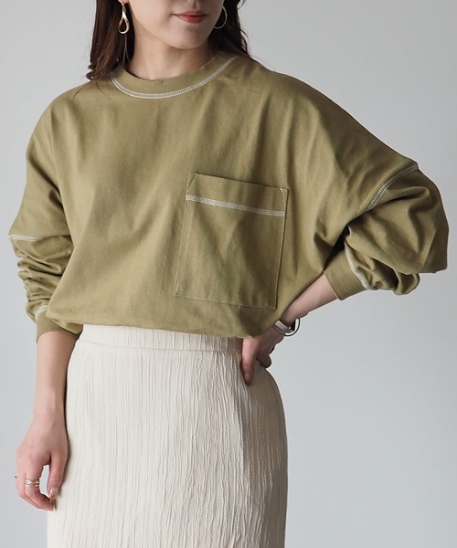 Riberry（リベリー）の「配色ステッチBIGロンT（Tシャツ/カットソー・レディース・オフホワイト/スミクロ/モカ/グリーン/ブルー/ピンク・FREE）」の7枚目の写真