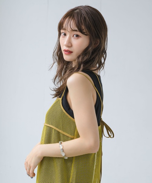 INTER FACTORY（インターファクトリー）の「るい【YouTuberるぅきぃ夫婦】 - メッシュキャミワンピース made in INTER FACTORY（ワンピース・レディース・カーキ/イエロー・FREE）」の5枚目の写真