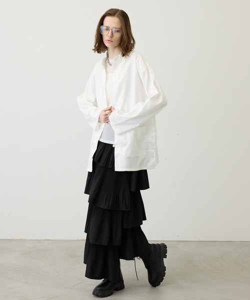 セール】一枚で主役な上級見え。サテンタッチ チャイナデザインシャツ