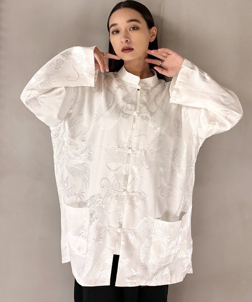 セール】一枚で主役な上級見え。サテンタッチ チャイナデザイン