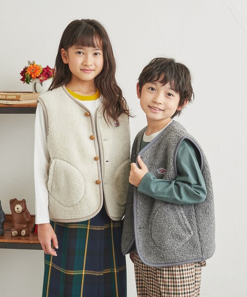 coen（コーエン）の「[洗える]ノーカラーボアベスト（ベスト・キッズ・オフホワイト/グレー・140/150/100/110/120/130）」の14枚目の写真