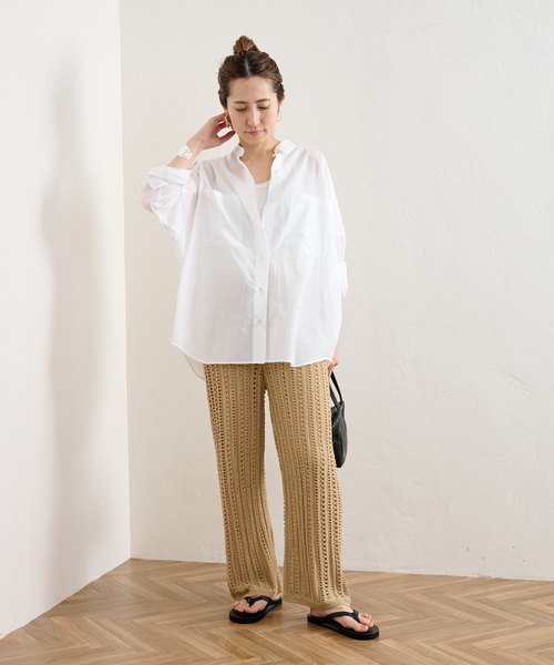 フレームワーク オーバーサイズシャツ 胸ポケット ベージュ 秋カラー ワイド ニッセン Tシャツ 綿100% ヘビーウェイト オーバーサイズ