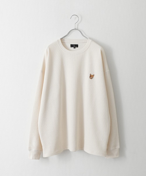 ZIP FIVE（ジップファイブ）の「【ZIP FIVE】【ZIP ZOO】ドライワッフル　クルー＆ヘンリー ビッグシルエット動物ワンポイント長袖Tシャツ　ネコ/キタキツネ（Tシャツ/カットソー・レディース・ブラック/グリーン/アイボリー/チャコール/ホワイト系/ホワイト系1/ホワイト系2/ブラック系/グレー系/アイボリー系/アイボリー系1/アイボリー系2/グリーン系/オートミール・MEDIUM/LARGE）」の15枚目の写真