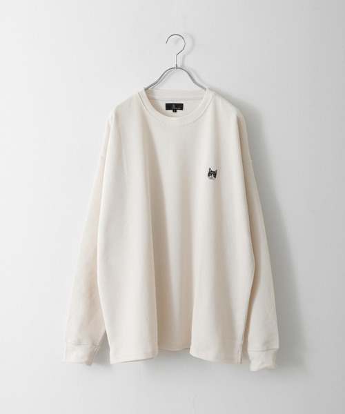 ZIP FIVE（ジップファイブ）の「【ZIP FIVE】【ZIP ZOO】ドライワッフル　クルー＆ヘンリー ビッグシルエット動物ワンポイント長袖Tシャツ　ネコ/キタキツネ（Tシャツ/カットソー・レディース・ブラック/グリーン/アイボリー/チャコール/ホワイト系/ホワイト系1/ホワイト系2/ブラック系/グレー系/アイボリー系/アイボリー系1/アイボリー系2/グリーン系/オートミール・MEDIUM/LARGE）」の17枚目の写真