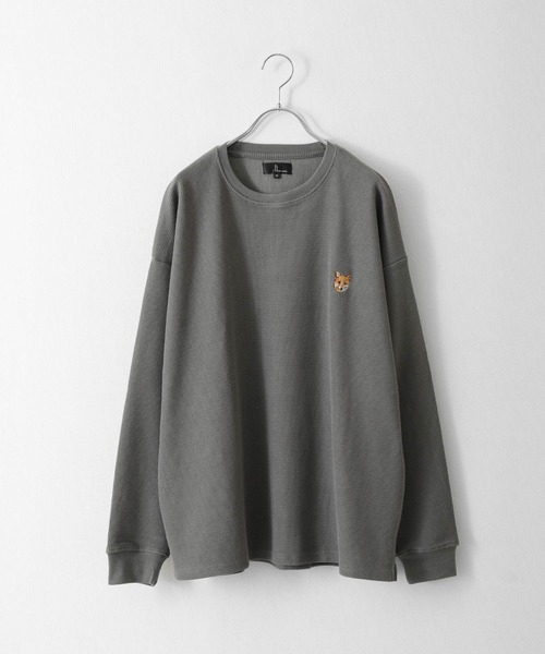 ZIP FIVE（ジップファイブ）の「【ZIP FIVE】【ZIP ZOO】ドライワッフル　クルー＆ヘンリー ビッグシルエット動物ワンポイント長袖Tシャツ　ネコ/キタキツネ（Tシャツ/カットソー・レディース・ブラック/グリーン/アイボリー/チャコール/ホワイト系/ホワイト系1/ホワイト系2/ブラック系/グレー系/アイボリー系/アイボリー系1/アイボリー系2/グリーン系/オートミール・MEDIUM/LARGE）」の19枚目の写真