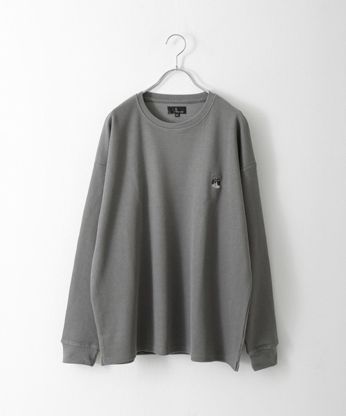 ZIP FIVE（ジップファイブ）の「【ZIP FIVE】【ZIP ZOO】ドライワッフル　クルー＆ヘンリー ビッグシルエット動物ワンポイント長袖Tシャツ　ネコ/キタキツネ（Tシャツ/カットソー・レディース・ブラック/グリーン/アイボリー/チャコール/ホワイト系/ホワイト系1/ホワイト系2/ブラック系/グレー系/アイボリー系/アイボリー系1/アイボリー系2/グリーン系/オートミール・MEDIUM/LARGE）」の20枚目の写真