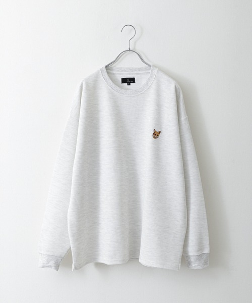 ZIP FIVE（ジップファイブ）の「【ZIP FIVE】【ZIP ZOO】ドライワッフル　クルー＆ヘンリー ビッグシルエット動物ワンポイント長袖Tシャツ　ネコ/キタキツネ（Tシャツ/カットソー・レディース・ブラック/グリーン/アイボリー/チャコール/ホワイト系/ホワイト系1/ホワイト系2/ブラック系/グレー系/アイボリー系/アイボリー系1/アイボリー系2/グリーン系/オートミール・MEDIUM/LARGE）」の22枚目の写真