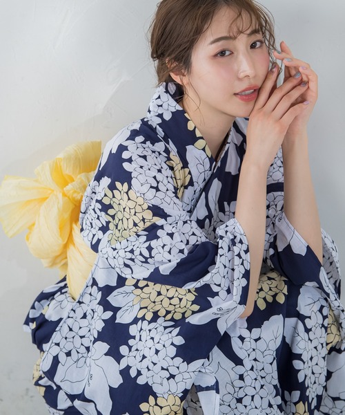 【浴衣2点セット】(ゆかた・しわ兵児帯)アジサイ美人《手洗い可能》