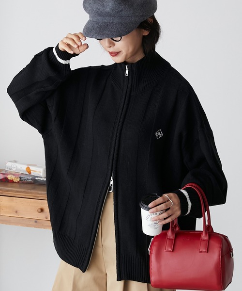 エンブレム刺繍 配色ラインドライバーズニット（カーディガン/ボレロ