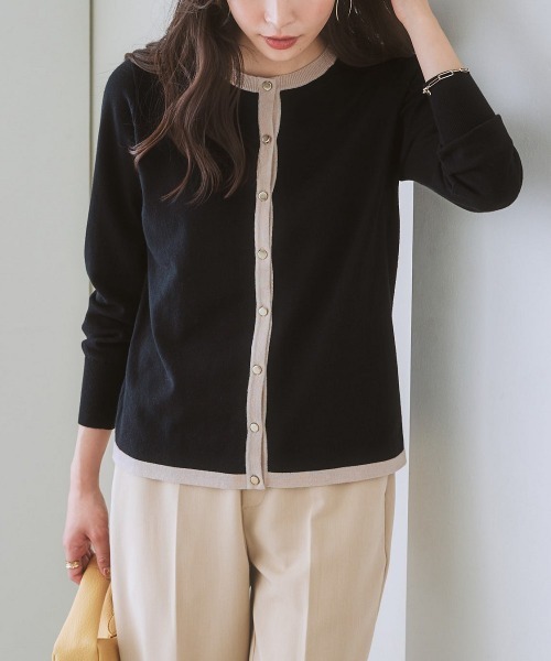 7days Life Styling（セブンデイズライフスタイリング）の「【毛玉になりにくい】洗える配色ニットカーディガン（もちもち綿混）（ニット/セーター・レディース・ブラック/ライトベージュ/杢グレー/プラム/ブルー系・LL/M/L/S）」の3枚目の写真