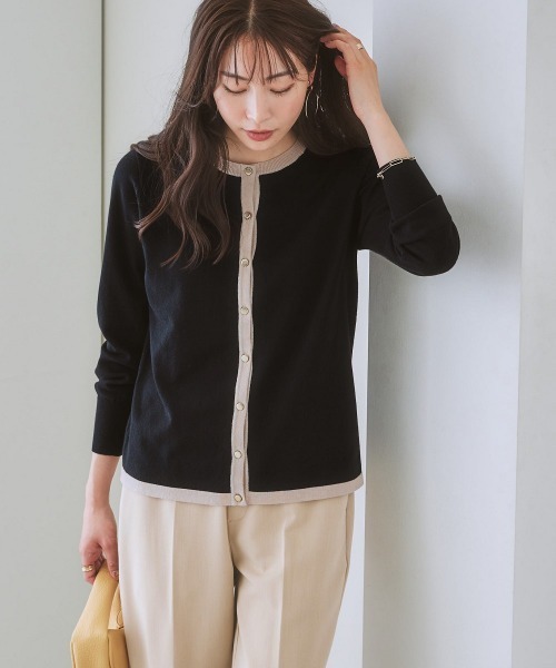 7days Life Styling（セブンデイズライフスタイリング）の「【毛玉になりにくい】洗える配色ニットカーディガン（もちもち綿混）（ニット/セーター・レディース・ブラック/ライトベージュ/杢グレー/プラム/ブルー系・LL/M/L/S）」の6枚目の写真