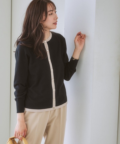 7days Life Styling（セブンデイズライフスタイリング）の「【毛玉になりにくい】洗える配色ニットカーディガン（もちもち綿混）（ニット/セーター・レディース・ブラック/ライトベージュ/杢グレー/プラム/ブルー系・LL/M/L/S）」の8枚目の写真