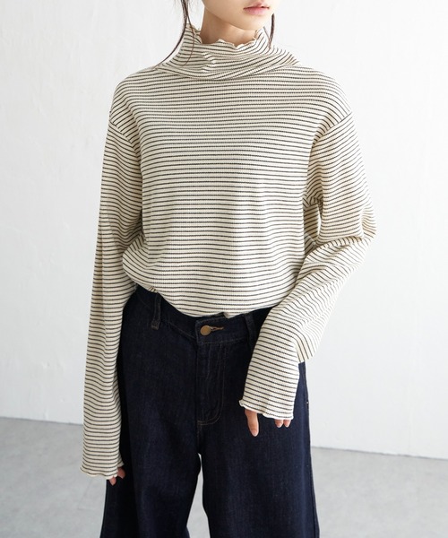 LBC(エルビーシー)の「ミニワッフルボーダータートル(Tシャツ/カットソー・レディース・オフホワイト/ブラック・L/M)」の3枚目の写真