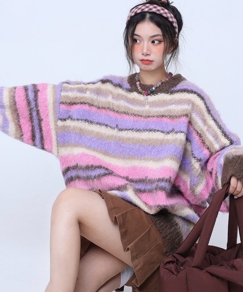 Sibra(シブラ)の「ブラッシュニットビッグプルオーバー(ニット/セーター・レディース・ブルー/ピンク・M)」の5枚目の写真