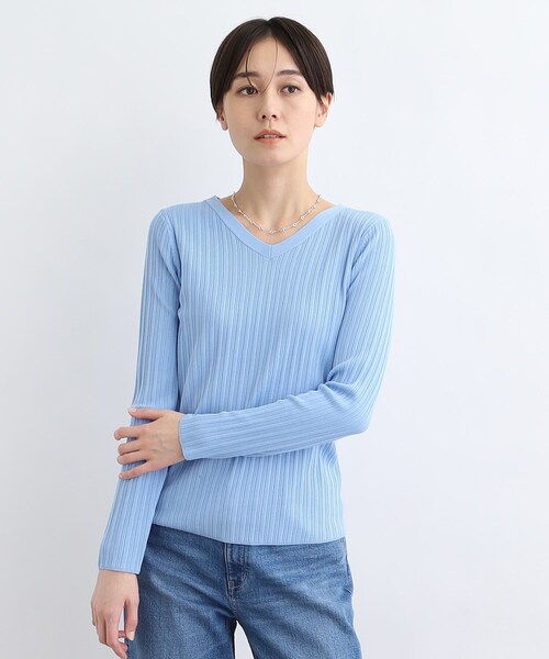 INDIVI(インディヴィ)の「◆【洗える/無地&ボーダー柄】ランダムリブ Vネックニット(ニット/セーター・レディース・ネイビー/オフホワイト/ホワイト系5/ライトブルー・05/13/15 /38)」の1枚目の写真