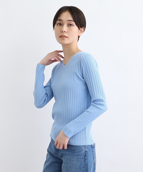 INDIVI(インディヴィ)の「◆【洗える/無地&ボーダー柄】ランダムリブ Vネックニット(ニット/セーター・レディース・ネイビー/オフホワイト/ホワイト系5/ライトブルー・05/13/15 /38)」の11枚目の写真