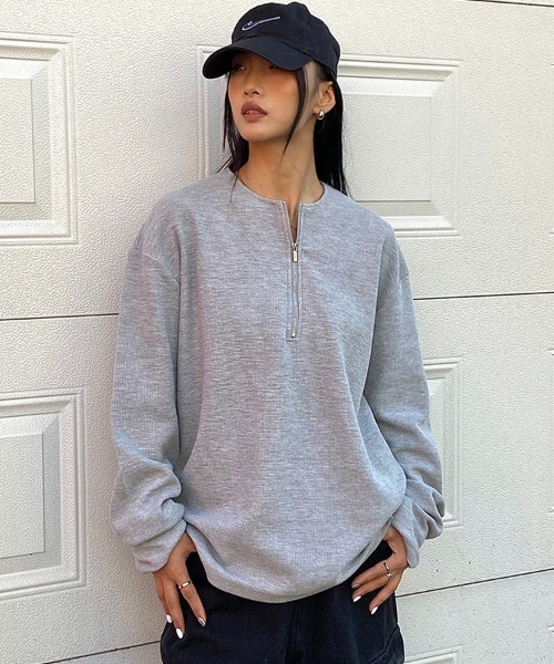 Ressaca(レサーカ)の「オーバーサイズ ハーフジップワッフルロンT カットソー(Tシャツ/カットソー・メンズ・ホワイト/ブラック/グレー・S/M/L/XL)」の3枚目の写真