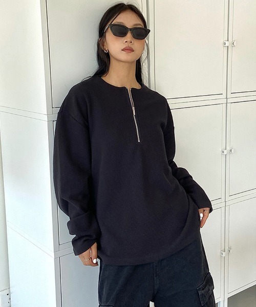 Ressaca(レサーカ)の「オーバーサイズ ハーフジップワッフルロンT カットソー(Tシャツ/カットソー・メンズ・ホワイト/ブラック/グレー・S/M/L/XL)」の2枚目の写真