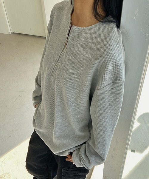 Ressaca(レサーカ)の「オーバーサイズ ハーフジップワッフルロンT カットソー(Tシャツ/カットソー・メンズ・ホワイト/ブラック/グレー・S/M/L/XL)」の18枚目の写真
