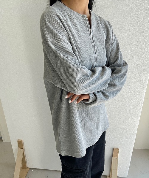 Ressaca(レサーカ)の「オーバーサイズ ハーフジップワッフルロンT カットソー(Tシャツ/カットソー・メンズ・ホワイト/ブラック/グレー・S/M/L/XL)」の19枚目の写真