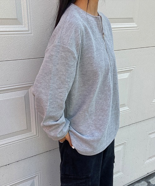 Ressaca(レサーカ)の「オーバーサイズ ハーフジップワッフルロンT カットソー(Tシャツ/カットソー・メンズ・ホワイト/ブラック/グレー・S/M/L/XL)」の16枚目の写真