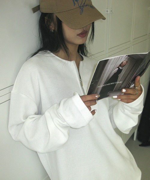Ressaca(レサーカ)の「オーバーサイズ ハーフジップワッフルロンT カットソー(Tシャツ/カットソー・メンズ・ホワイト/ブラック/グレー・S/M/L/XL)」の5枚目の写真