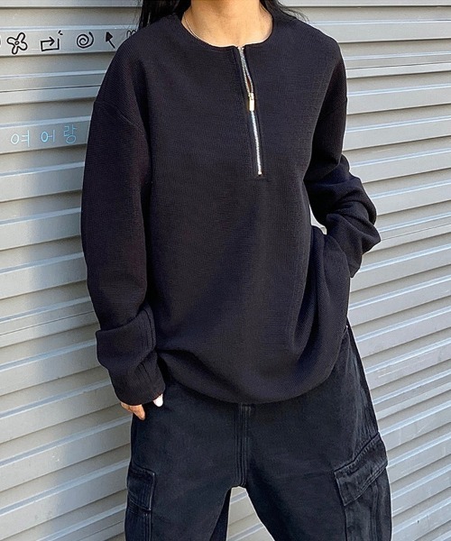 Ressaca(レサーカ)の「オーバーサイズ ハーフジップワッフルロンT カットソー(Tシャツ/カットソー・メンズ・ホワイト/ブラック/グレー・S/M/L/XL)」の10枚目の写真