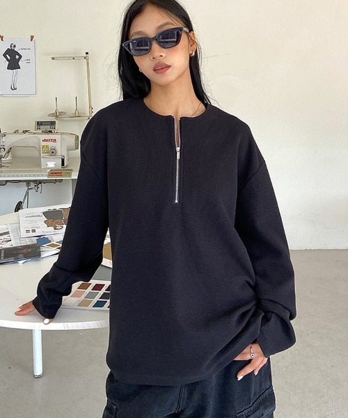Ressaca(レサーカ)の「オーバーサイズ ハーフジップワッフルロンT カットソー(Tシャツ/カットソー・メンズ・ホワイト/ブラック/グレー・S/M/L/XL)」の9枚目の写真
