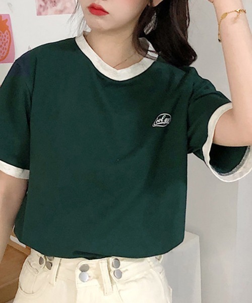 Miniministore(ミニミニストア)の「バイカラーTシャツ 韓国半袖 カジュアル(Tシャツ/カットソー・レディース・ダークグリーン/ワインレッド・XL/L)」の2枚目の写真