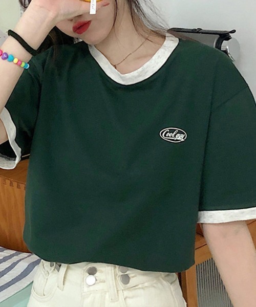 Miniministore(ミニミニストア)の「バイカラーTシャツ 韓国半袖 カジュアル(Tシャツ/カットソー・レディース・ダークグリーン/ワインレッド・XL/L)」の12枚目の写真