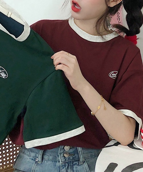 Miniministore(ミニミニストア)の「バイカラーTシャツ 韓国半袖 カジュアル(Tシャツ/カットソー・レディース・ダークグリーン/ワインレッド・XL/L)」の14枚目の写真