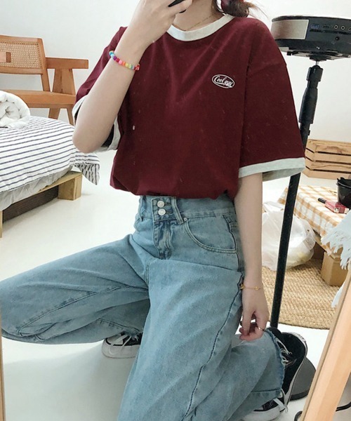 Miniministore(ミニミニストア)の「バイカラーTシャツ 韓国半袖 カジュアル(Tシャツ/カットソー・レディース・ダークグリーン/ワインレッド・XL/L)」の15枚目の写真