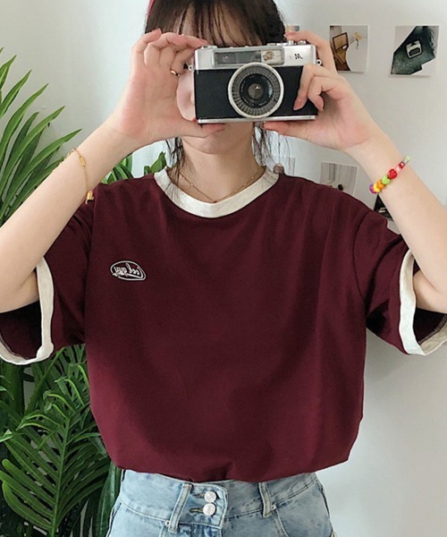Miniministore(ミニミニストア)の「バイカラーTシャツ 韓国半袖 カジュアル(Tシャツ/カットソー・レディース・ダークグリーン/ワインレッド・XL/L)」の16枚目の写真
