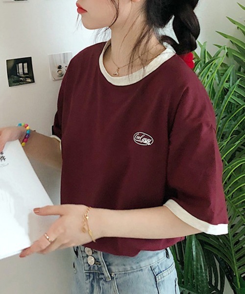 Miniministore(ミニミニストア)の「バイカラーTシャツ 韓国半袖 カジュアル(Tシャツ/カットソー・レディース・ダークグリーン/ワインレッド・XL/L)」の17枚目の写真