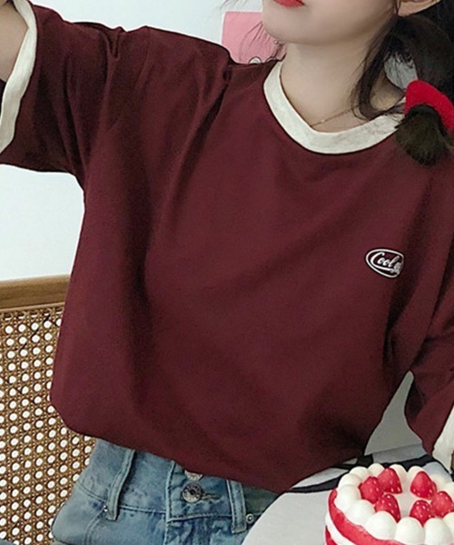Miniministore(ミニミニストア)の「バイカラーTシャツ 韓国半袖 カジュアル(Tシャツ/カットソー・レディース・ダークグリーン/ワインレッド・XL/L)」の18枚目の写真