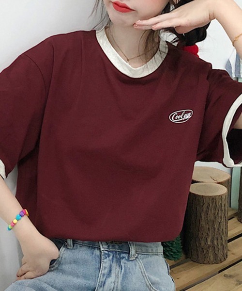 Miniministore(ミニミニストア)の「バイカラーTシャツ 韓国半袖 カジュアル(Tシャツ/カットソー・レディース・ダークグリーン/ワインレッド・XL/L)」の19枚目の写真