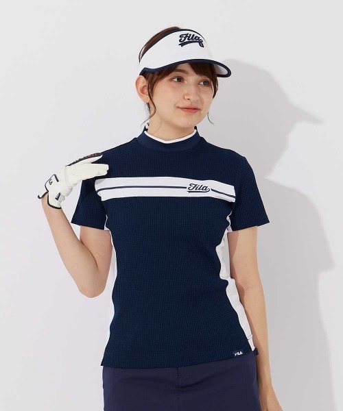 FILA GOLF（フィラゴルフ ）の「【FILA GOLF/フィラゴルフ】レディース半袖モックネックシャツ　ゴルフ（シャツ/ブラウス・レディース・ライム/ネイビー/ホワイト・X-LARGE/LARGE/MEDIUM）」の4枚目の写真