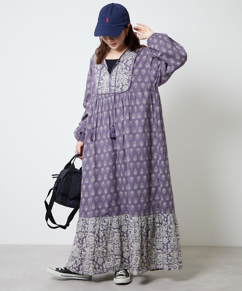 ＦＩＫＡフロントキルティング花柄ワンピースM WEB限定 インド 花柄 プリント フロント キルティング