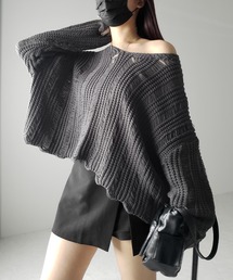 ※※【 3color 】Vネック透かし編みダメージルーズニット