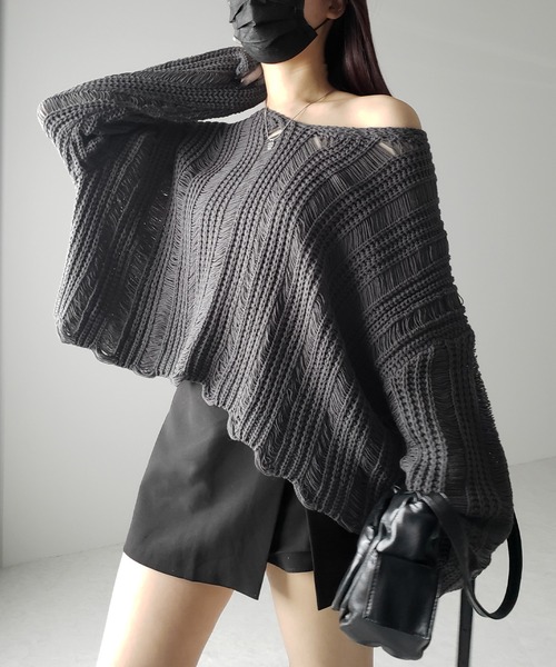 me+em select(ミームセレクト)の「※※【 3color 】Vネック透かし編みダメージルーズニット(ニット/セーター・レディース・ホワイト/ブラック/グレー・FREE)」の3枚目の写真