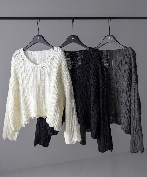 me+em select(ミームセレクト)の「※※【 3color 】Vネック透かし編みダメージルーズニット(ニット/セーター・レディース・ホワイト/ブラック/グレー・FREE)」の4枚目の写真