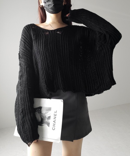 me+em select(ミームセレクト)の「※※【 3color 】Vネック透かし編みダメージルーズニット(ニット/セーター・レディース・ホワイト/ブラック/グレー・FREE)」の6枚目の写真