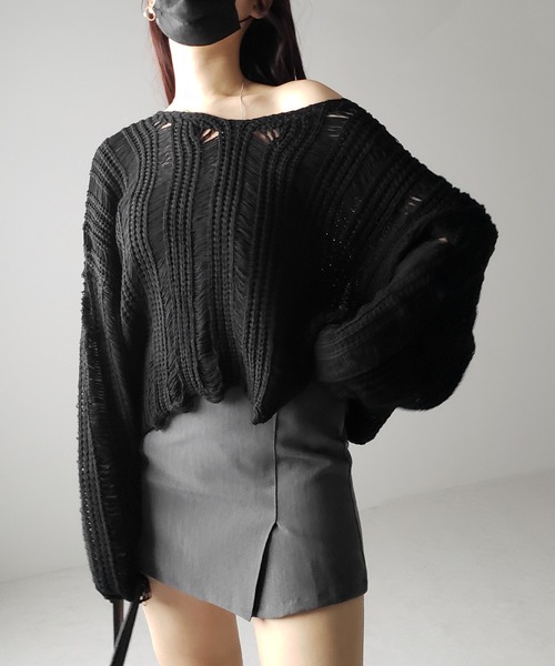 me+em select(ミームセレクト)の「※※【 3color 】Vネック透かし編みダメージルーズニット(ニット/セーター・レディース・ホワイト/ブラック/グレー・FREE)」の7枚目の写真