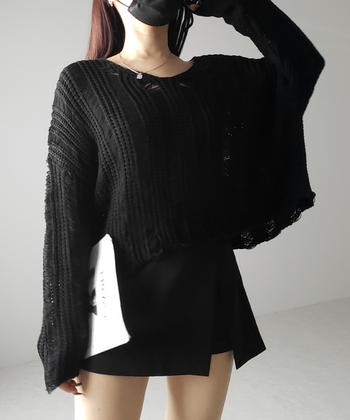 me+em select(ミームセレクト)の「※※【 3color 】Vネック透かし編みダメージルーズニット(ニット/セーター・レディース・ホワイト/ブラック/グレー・FREE)」の10枚目の写真