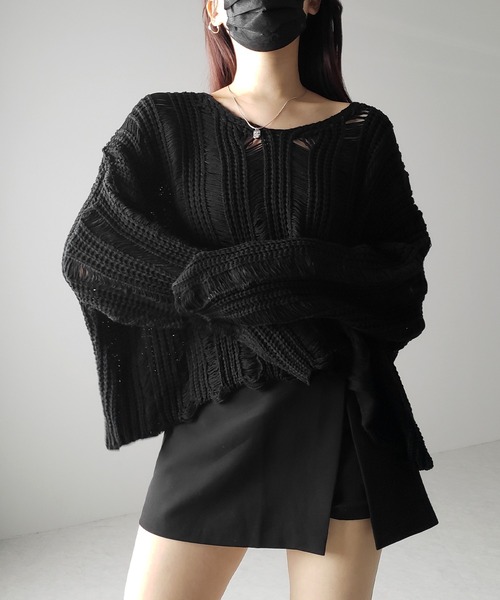 me+em select(ミームセレクト)の「※※【 3color 】Vネック透かし編みダメージルーズニット(ニット/セーター・レディース・ホワイト/ブラック/グレー・FREE)」の11枚目の写真