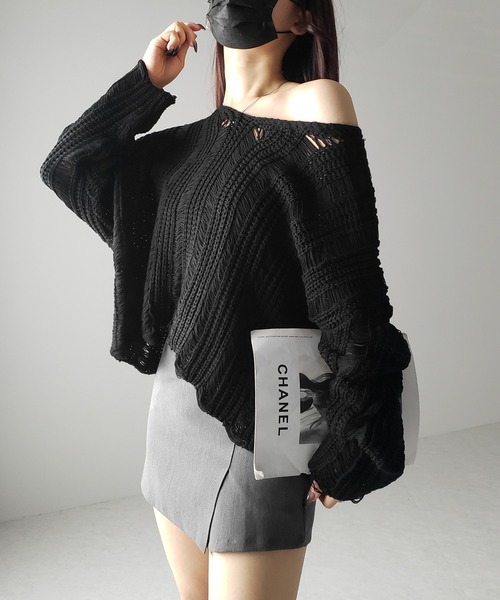 me+em select(ミームセレクト)の「※※【 3color 】Vネック透かし編みダメージルーズニット(ニット/セーター・レディース・ホワイト/ブラック/グレー・FREE)」の12枚目の写真